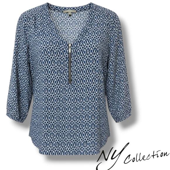 NY Collection Petite Blue Geometric Zip Front Blouse – PL, gently used - Picture 8 of 8
